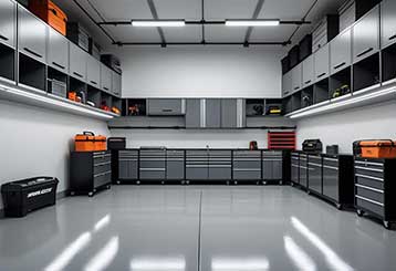 Modern custom-organized garage in Antelope CA with sleek black cabinets, modular storage, and clean epoxy flooring.