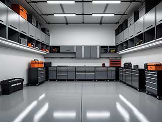 Modern custom-organized garage in Antelope CA with sleek black cabinets, modular storage, and clean epoxy flooring.