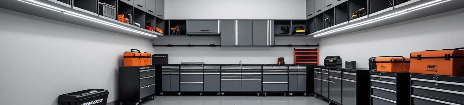 Modern custom-organized garage in Antelope CA with sleek black cabinets, modular storage, and clean epoxy flooring.