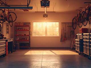 Organized Antelope garage with natural light, tool pegboards, wall-mounted bikes, custom cabinets, and mobile storage units.