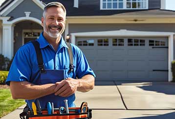 Friendly, skilled technician in blue uniform standing in front of a suburban Antelope home with garage doors.