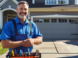 Friendly, skilled technician in blue uniform standing in front of a suburban Antelope home with garage doors.
