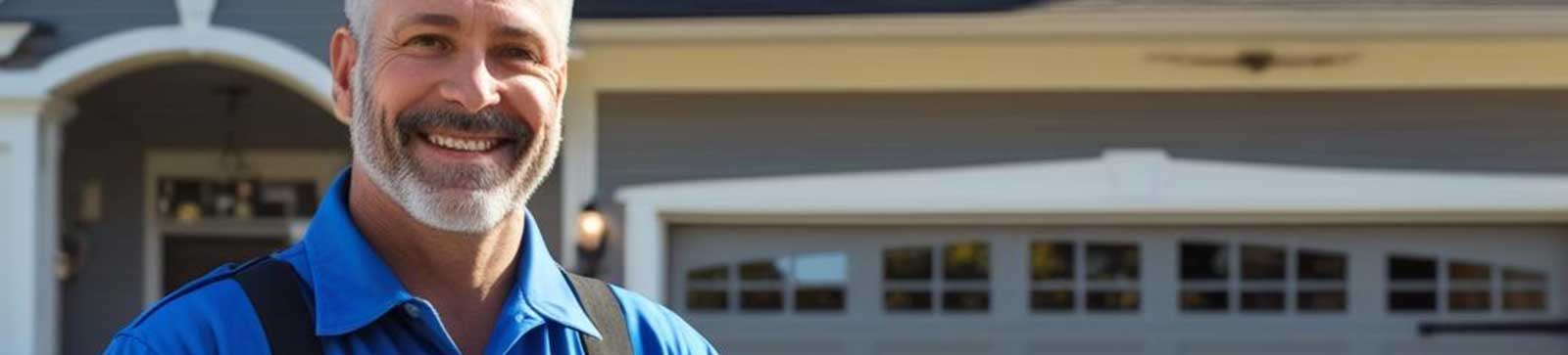 Friendly, skilled technician in blue uniform standing in front of a suburban Antelope home with garage doors.