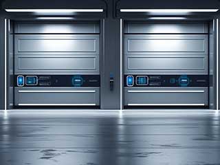 Dual modern garage doors equipped with advanced smart panels and automated controls in a high-tech Antelope garage.