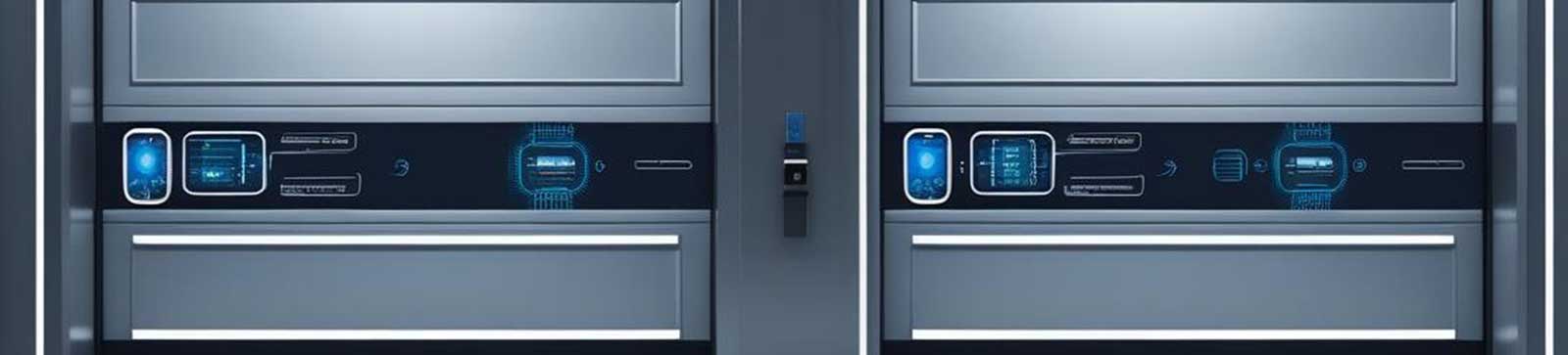 Dual modern garage doors equipped with advanced smart panels and automated controls in a high-tech Antelope garage.