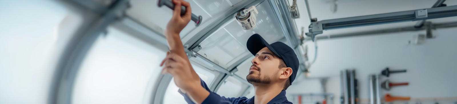 Technician in navy uniform repairing a residential garage door interior with professional tools in Antelope CA.