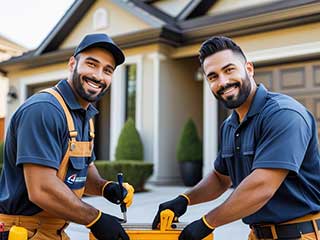 Garage Door Installation Team in Antelope CA Pair of technicians installing new residential garage door in front of Antelope home.